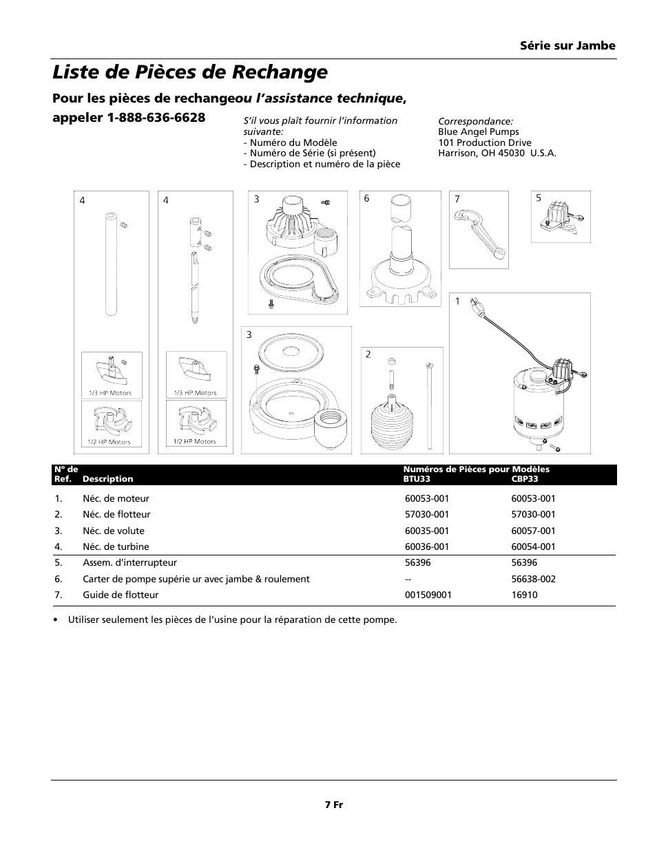 Liste de pièces de rechange | Blue Angel Pumps CBP33 User Manual | Page 7 / 12