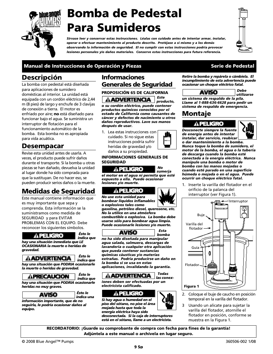 Bomba de pedestal para sumideros, Descripción, Desempacar | Medidas de seguridad, Montaje, Informaciones generales de seguridad | Blue Angel Pumps CBP33 User Manual | Page 9 / 12