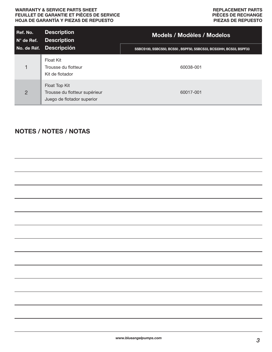 Models / modèles / modelos | Blue Angel Pumps BSSF25 User Manual | Page 3 / 4