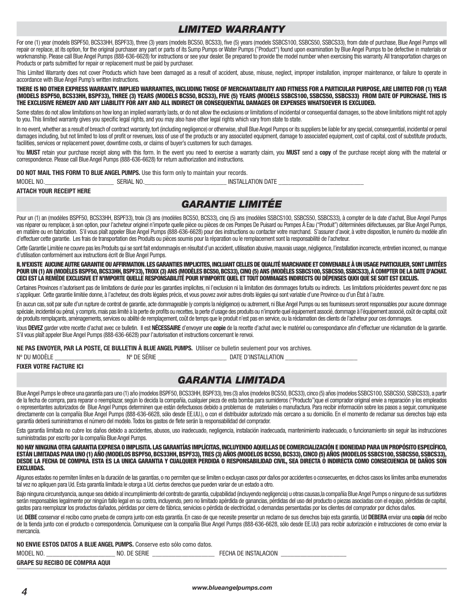 Limited warranty, Garantie limitée, Garantia limitada | Blue Angel Pumps BSSF25 User Manual | Page 4 / 4