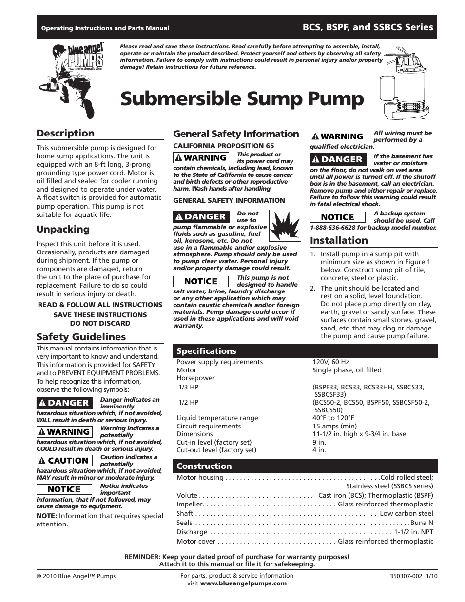 Blue Angel Pumps SSBCSC33-2 User Manual | 4 pages