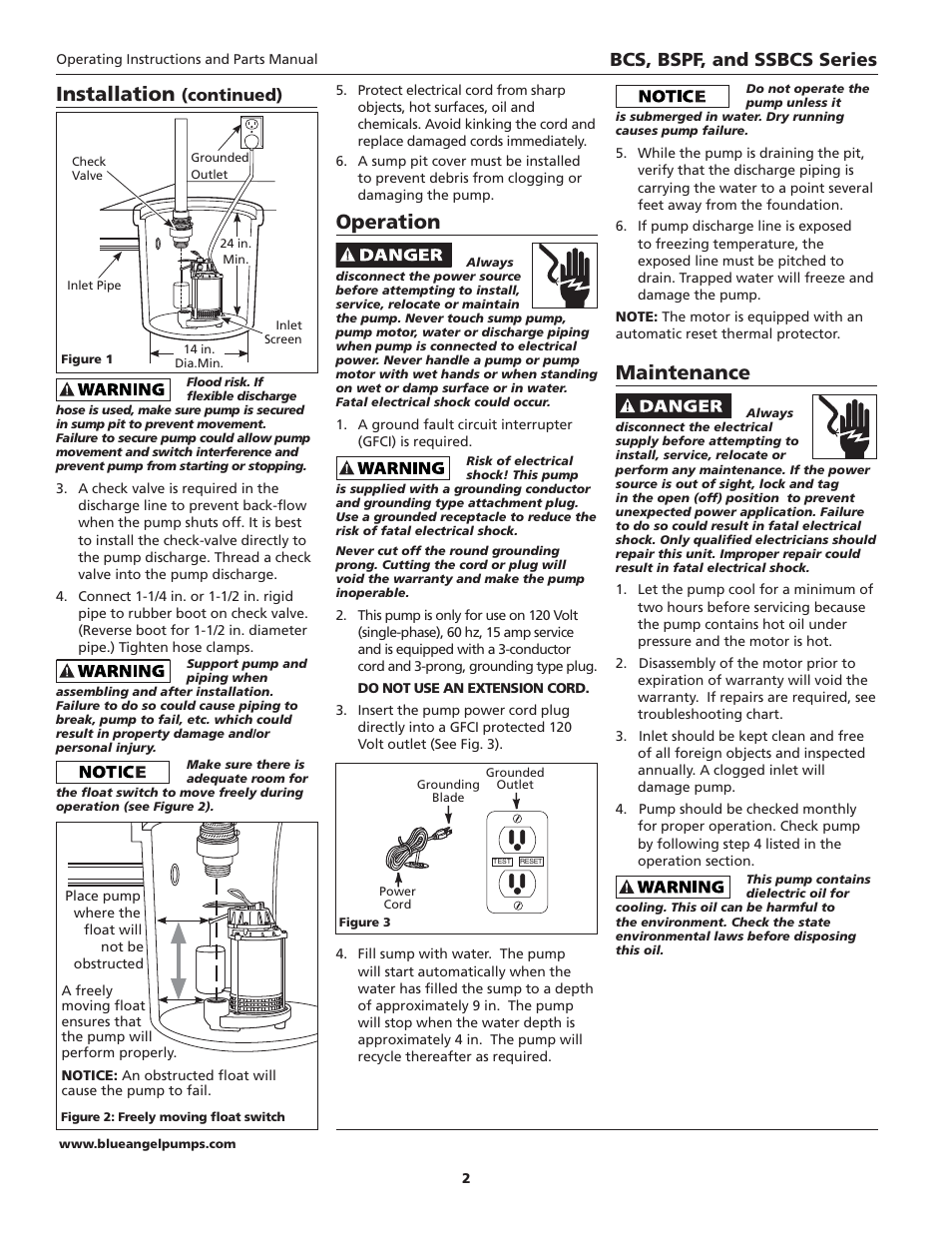 Maintenance, Operation, Installation | Bcs, bspf, and ssbcs series, Continued) | Blue Angel Pumps SSBCSC33-2 User Manual | Page 2 / 4