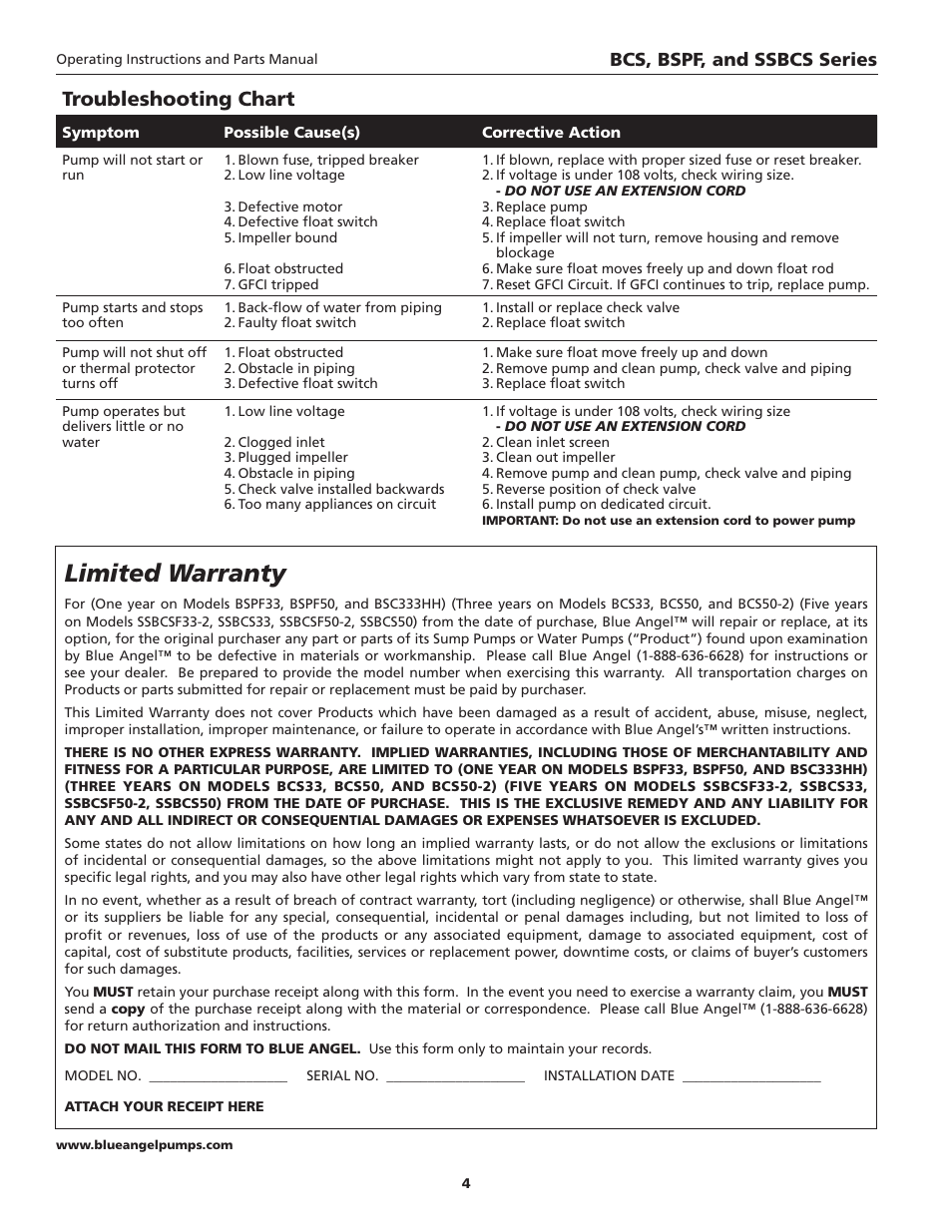 Limited warranty, Troubleshooting chart, Bcs, bspf, and ssbcs series | Blue Angel Pumps SSBCSC33-2 User Manual | Page 4 / 4