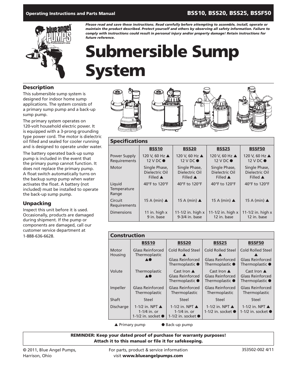 Blue Angel Pumps BSS20 User Manual | 36 pages