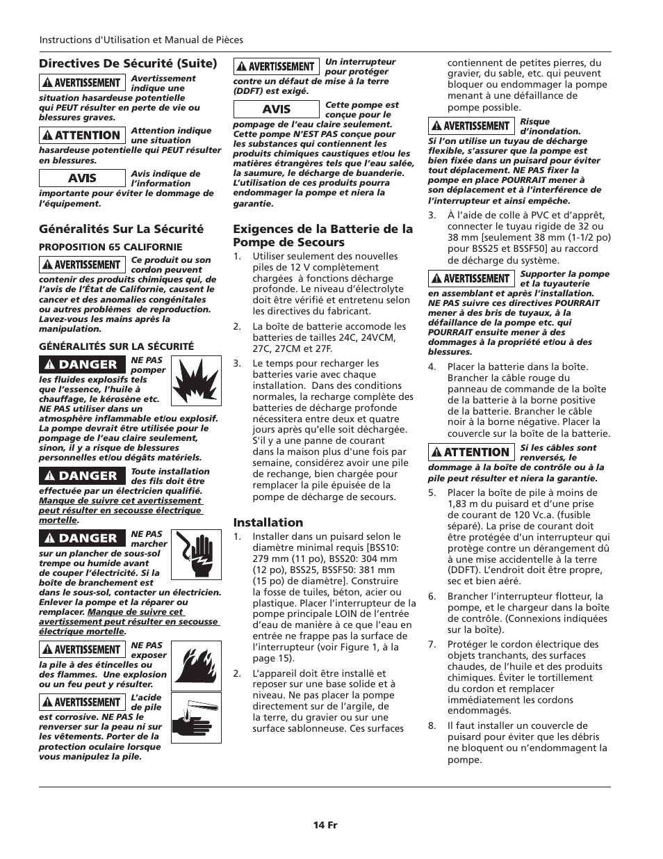 Directives de sécurité (suite), Généralités sur la sécurité, Exigences de la batterie de la pompe de secours | Installation | Blue Angel Pumps BSS20 User Manual | Page 14 / 36