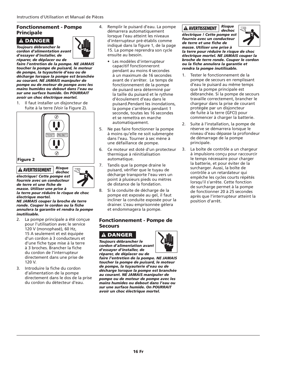 Fonctionnement - pompe principale, Fonctionnement - pompe de secours | Blue Angel Pumps BSS20 User Manual | Page 16 / 36