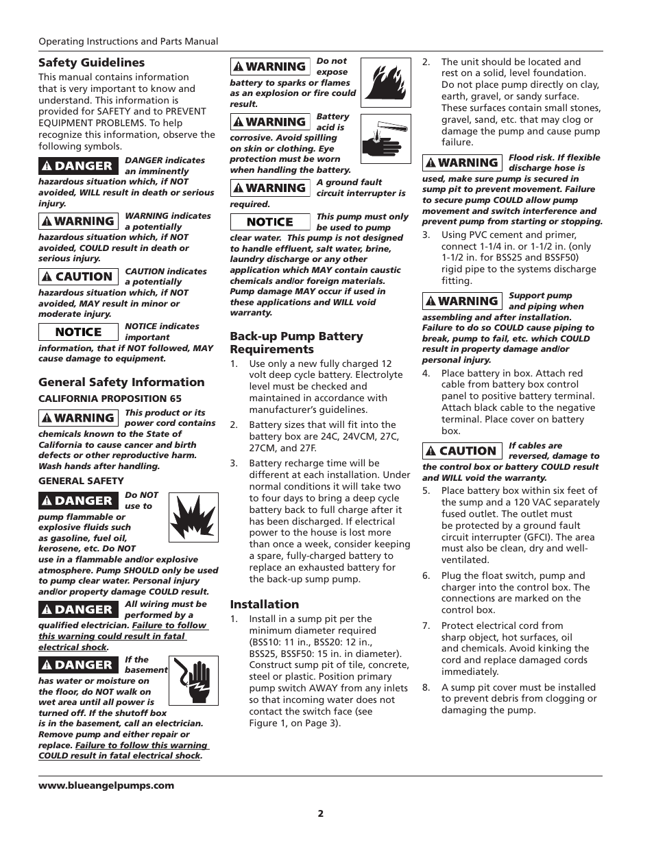 Safety guidelines, General safety information, Back-up pump battery requirements | Installation | Blue Angel Pumps BSS20 User Manual | Page 2 / 36
