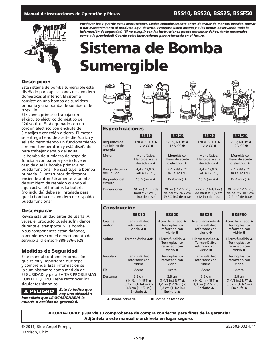 Sistema de bomba sumergible, Descripción, Desempacar | Medidas de seguridad, Especificaciones, Construcción | Blue Angel Pumps BSS20 User Manual | Page 25 / 36