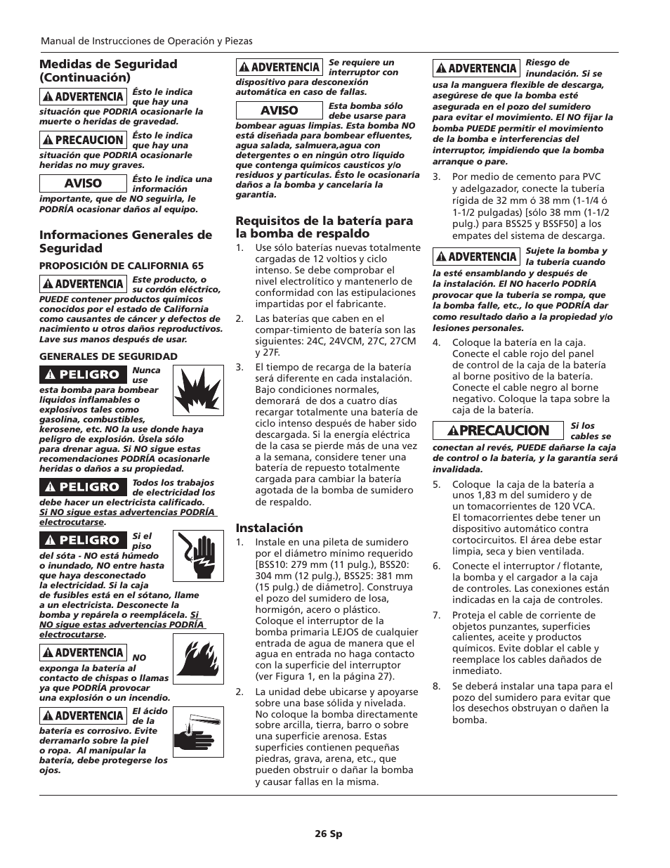 Medidas de seguridad (continuación), Informaciones generales de seguridad, Requisitos de la batería para la bomba de respaldo | Instalación | Blue Angel Pumps BSS20 User Manual | Page 26 / 36