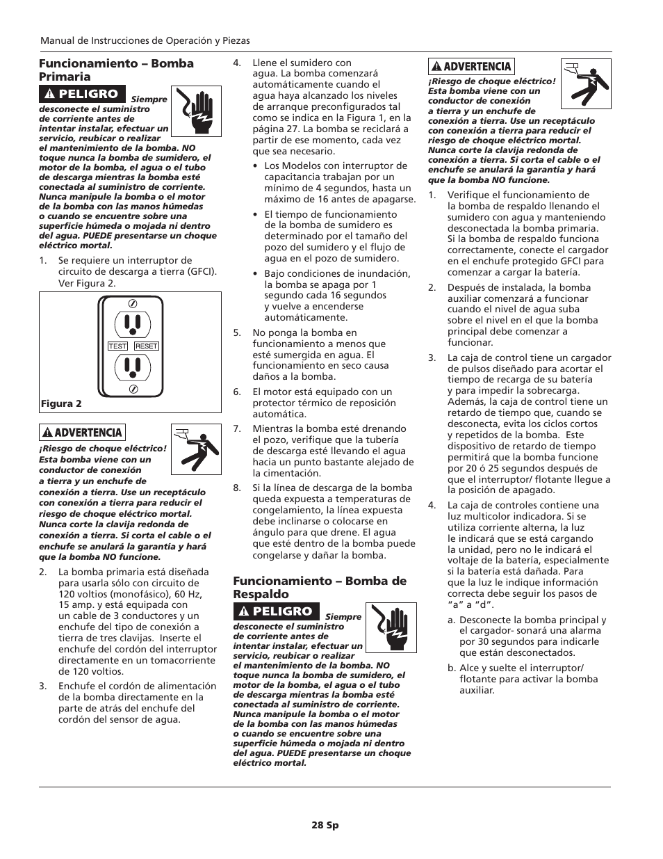 Funcionamiento – bomba primaria, Funcionamiento – bomba de respaldo | Blue Angel Pumps BSS20 User Manual | Page 28 / 36