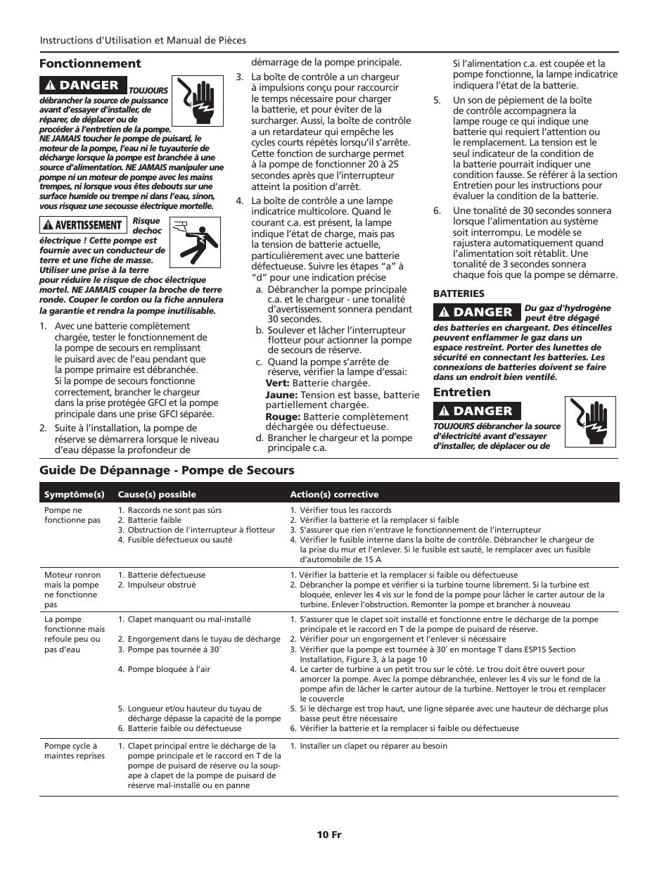 Fonctionnement, Entretien, Guide de dépannage - pompe de secours | Blue Angel Pumps BSSF20 User Manual | Page 10 / 20