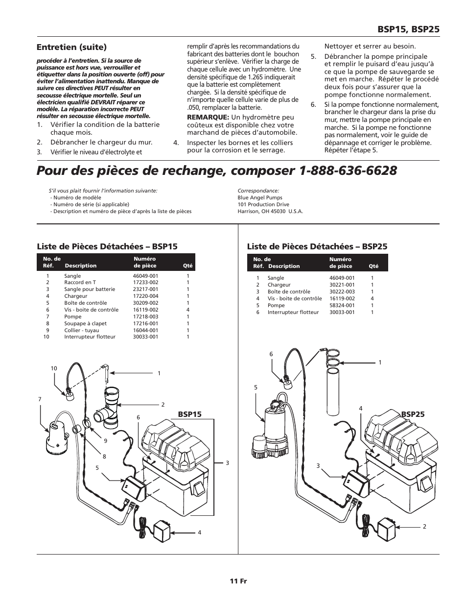 Bsp15, bsp25, Liste de pièces détachées – bsp15, Liste de pièces détachées – bsp25 | Entretien (suite), Bsp15 bsp25 | Blue Angel Pumps BSSF20 User Manual | Page 11 / 20