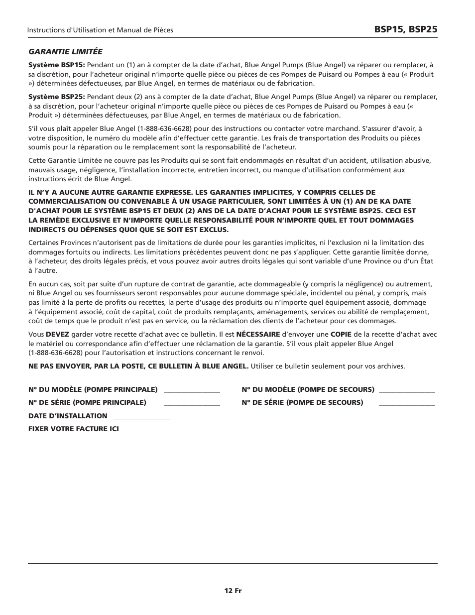 Bsp15, bsp25 | Blue Angel Pumps BSSF20 User Manual | Page 12 / 20