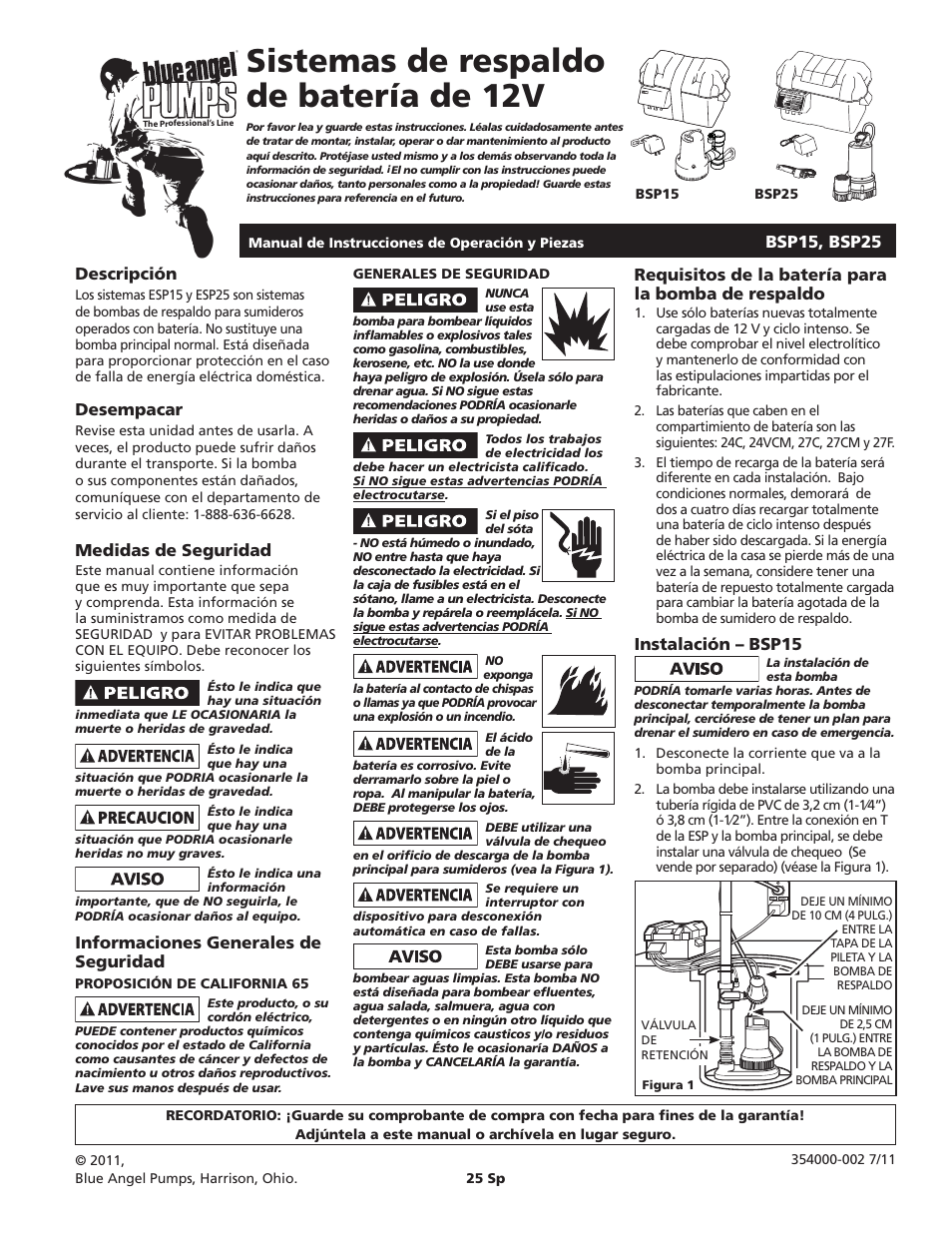 Sistemas de respaldo de batería de 12v, Bsp15, bsp25 descripción, Desempacar | Medidas de seguridad, Informaciones generales de seguridad, Requisitos de la batería para la bomba de respaldo, Instalación – bsp15 | Blue Angel Pumps BSSF20 User Manual | Page 13 / 20