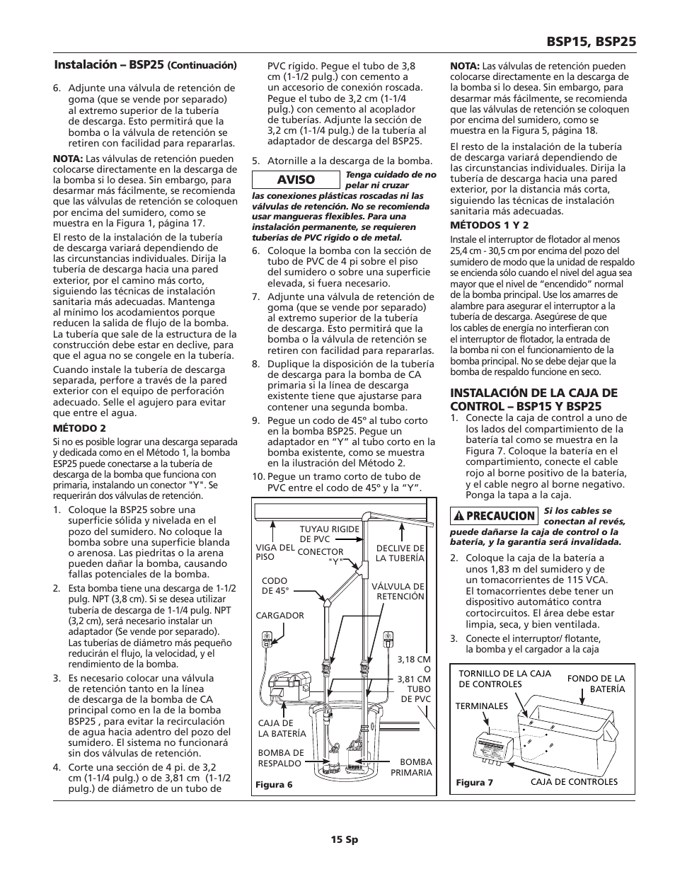 Bsp15, bsp25, Instalación de la caja de control – bsp15 y bsp25, Instalación – bsp25 | Blue Angel Pumps BSSF20 User Manual | Page 15 / 20