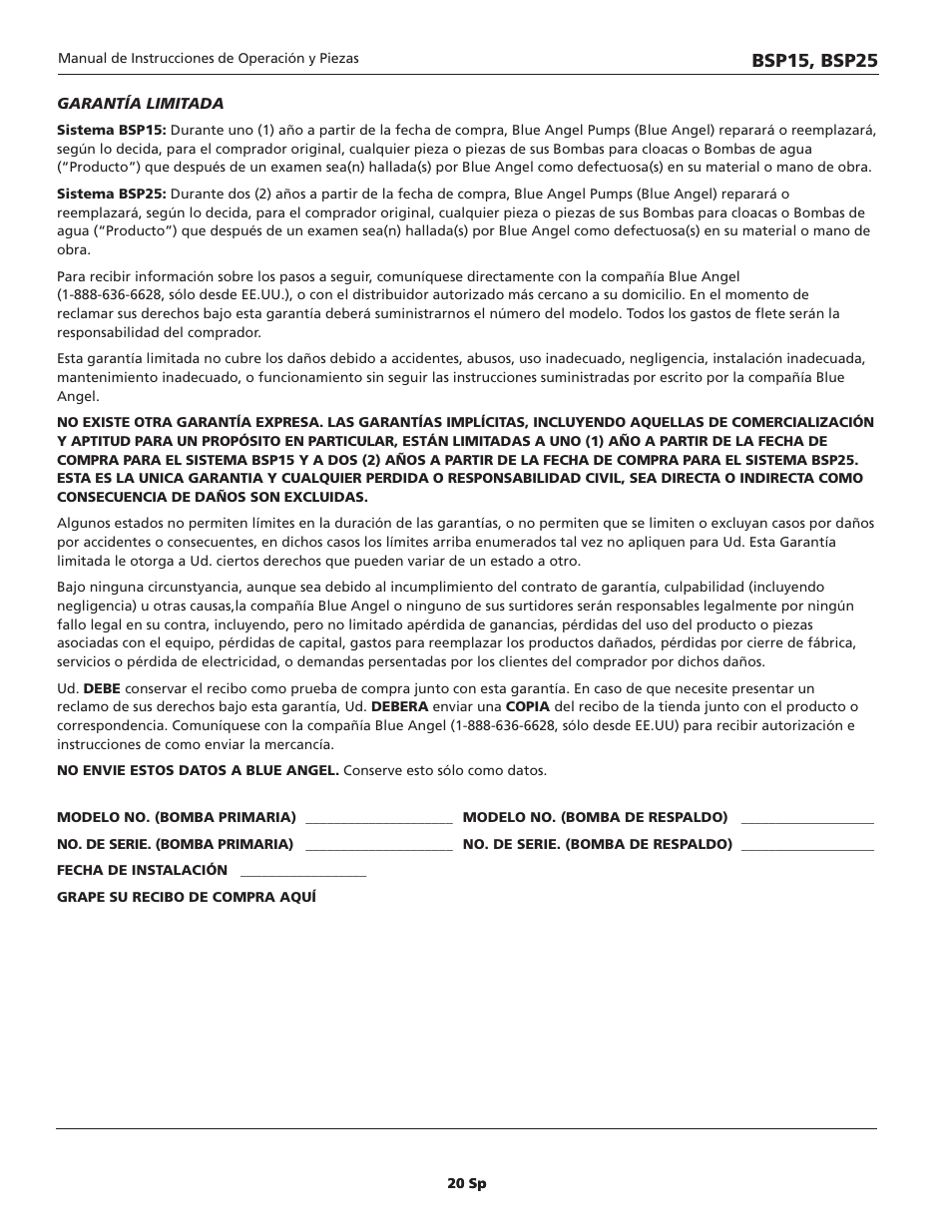 Bsp15, bsp25 | Blue Angel Pumps BSSF20 User Manual | Page 20 / 20