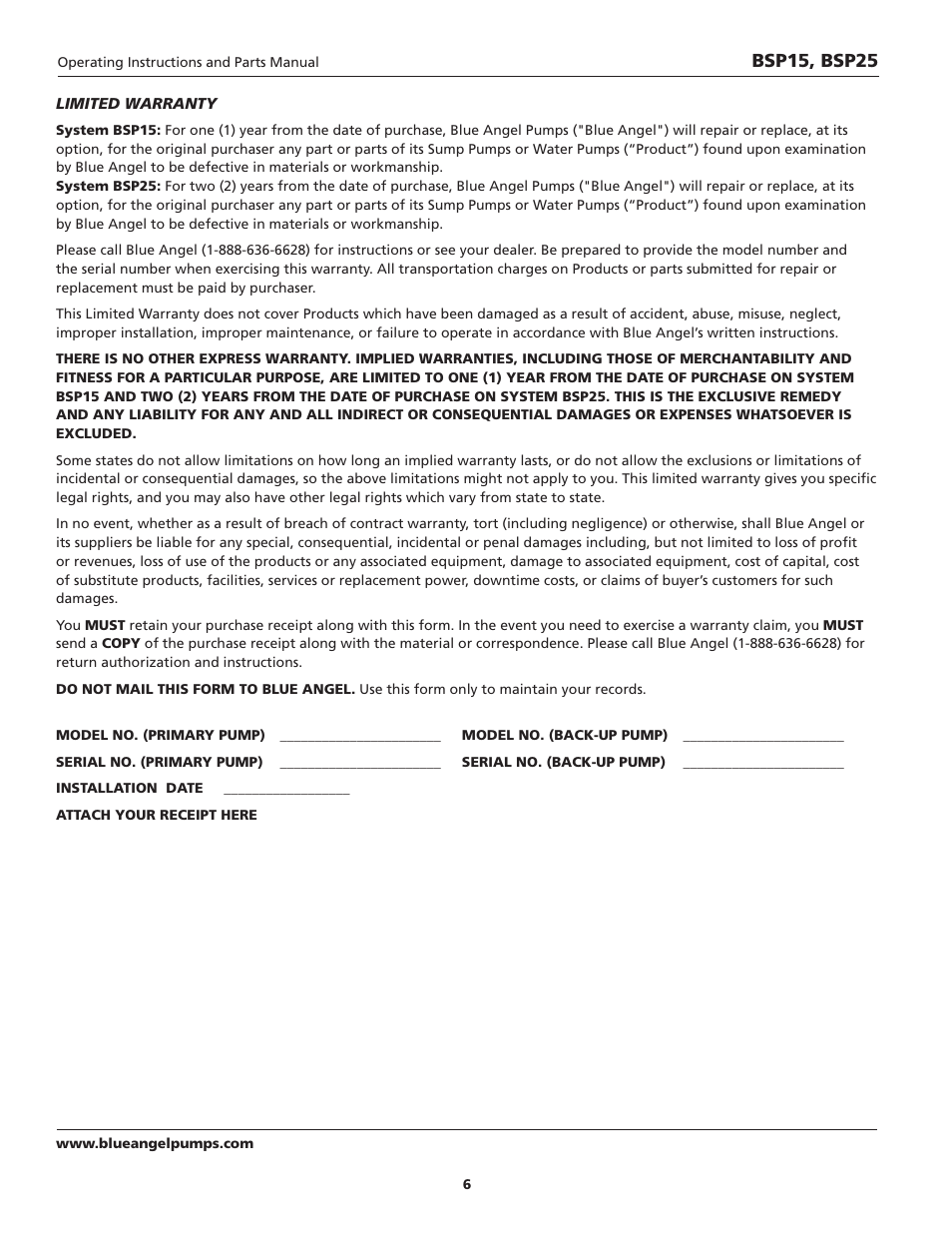 Bsp15, bsp25 | Blue Angel Pumps BSSF20 User Manual | Page 6 / 20
