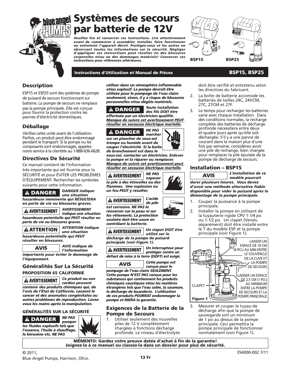 Systèmes de secours par batterie de 12v, Description, Déballage | Directives de sécurité, Généralités sur la sécurité, Exigences de la batterie de la pompe de secours, Installation – bsp15, Bsp15, bsp25 | Blue Angel Pumps BSSF20 User Manual | Page 7 / 20