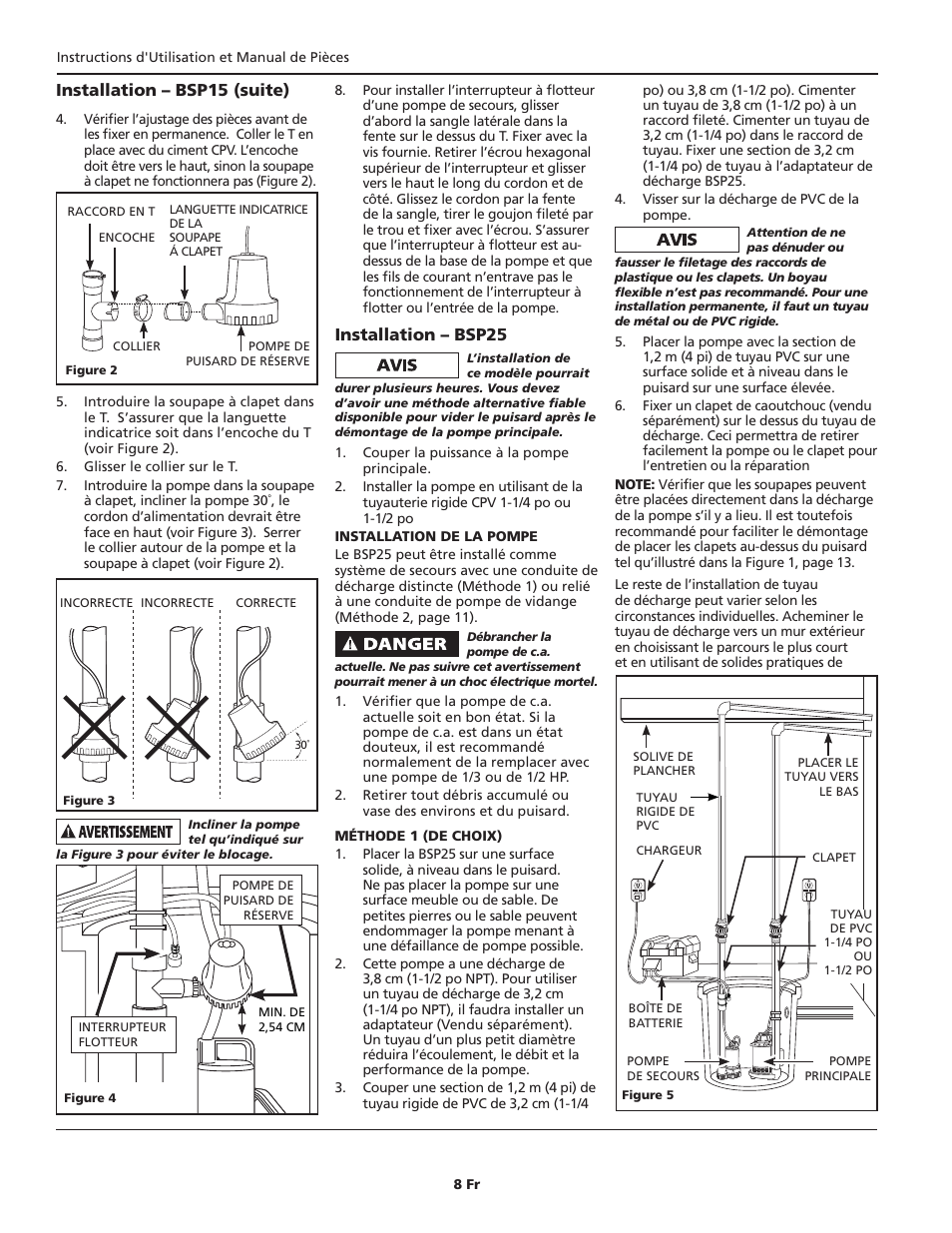 Installation – bsp25, Installation – bsp15 (suite) | Blue Angel Pumps BSSF20 User Manual | Page 8 / 20