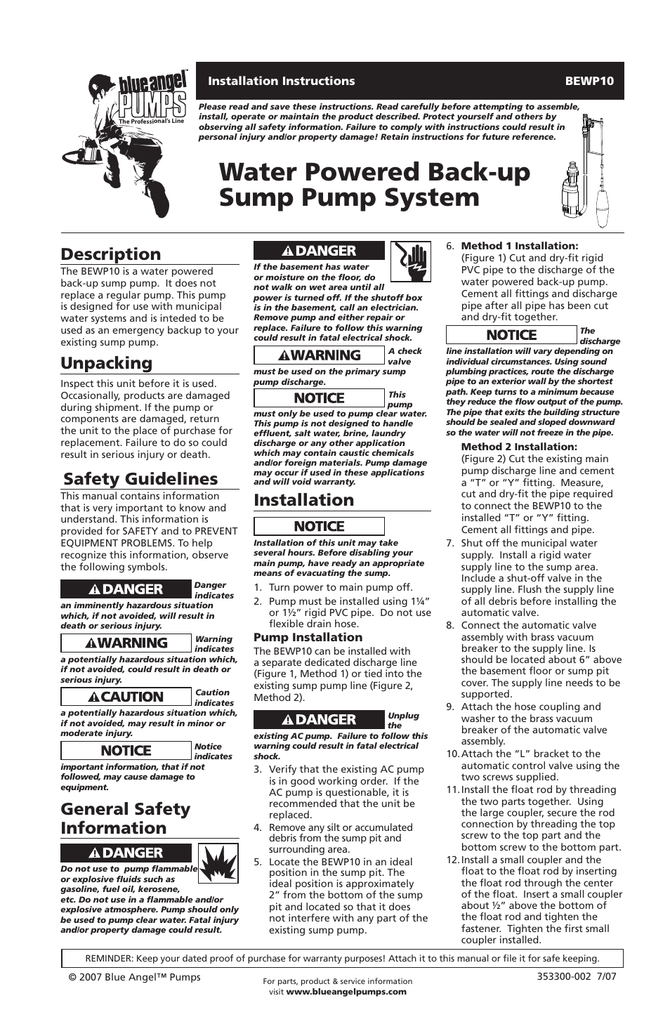 Blue Angel Pumps BEWP10 User Manual | 8 pages