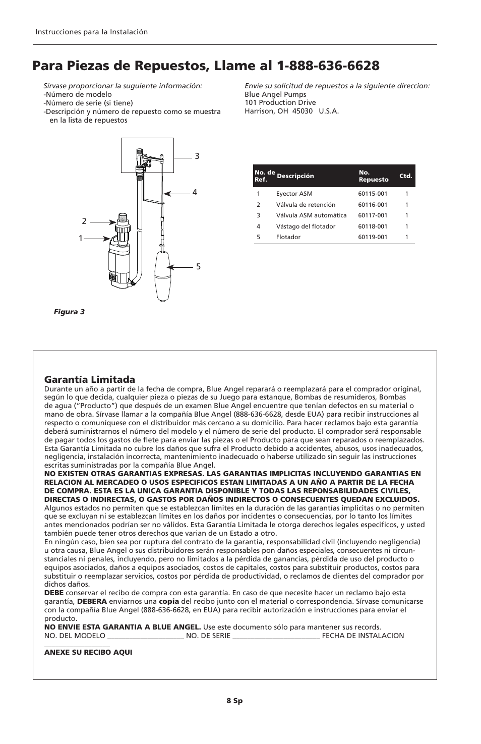 Garantía limitada | Blue Angel Pumps BEWP10 User Manual | Page 8 / 8