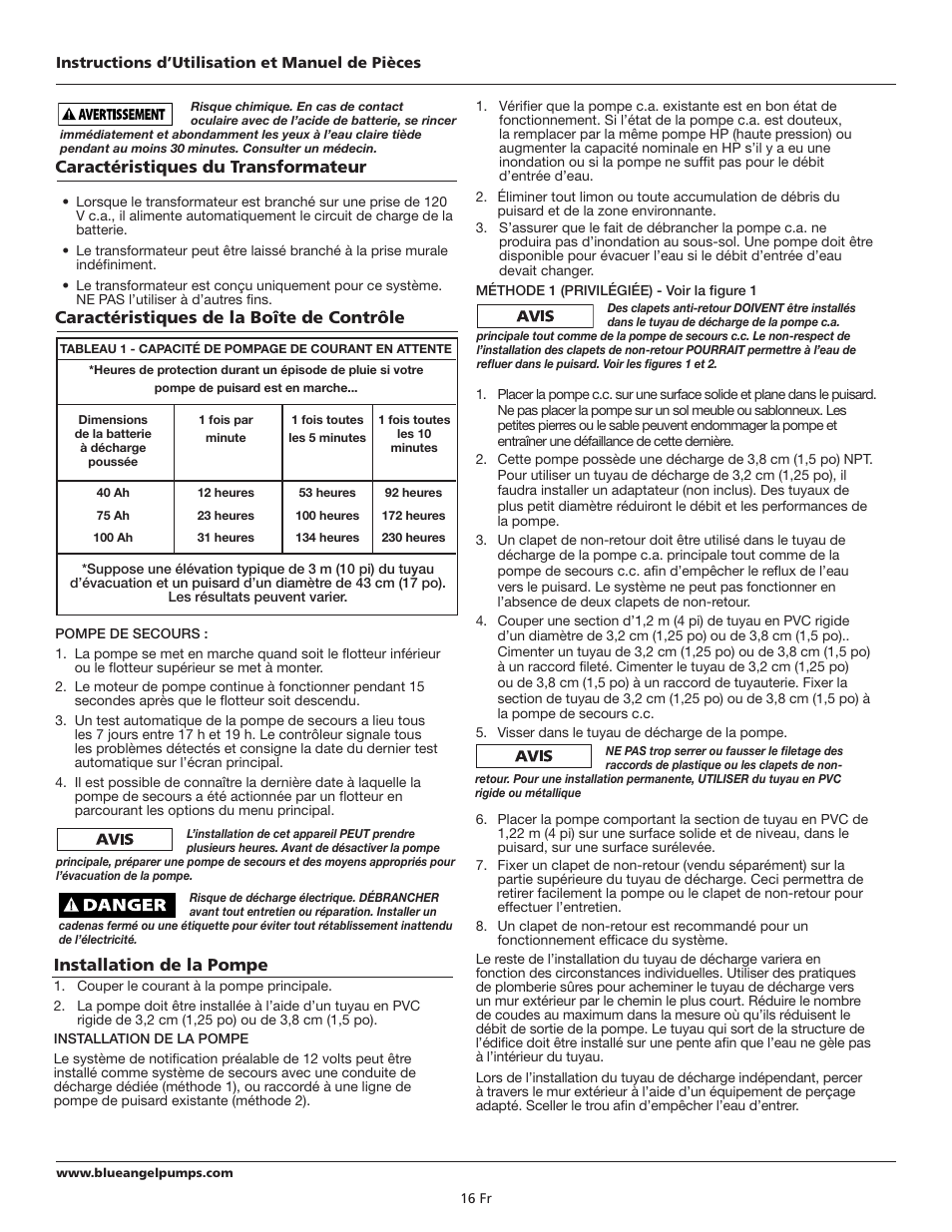 Caractéristiques du transformateur, Installation de la pompe, Caractéristiques de la boîte de contrôle | Blue Angel Pumps BSM55 User Manual | Page 16 / 40