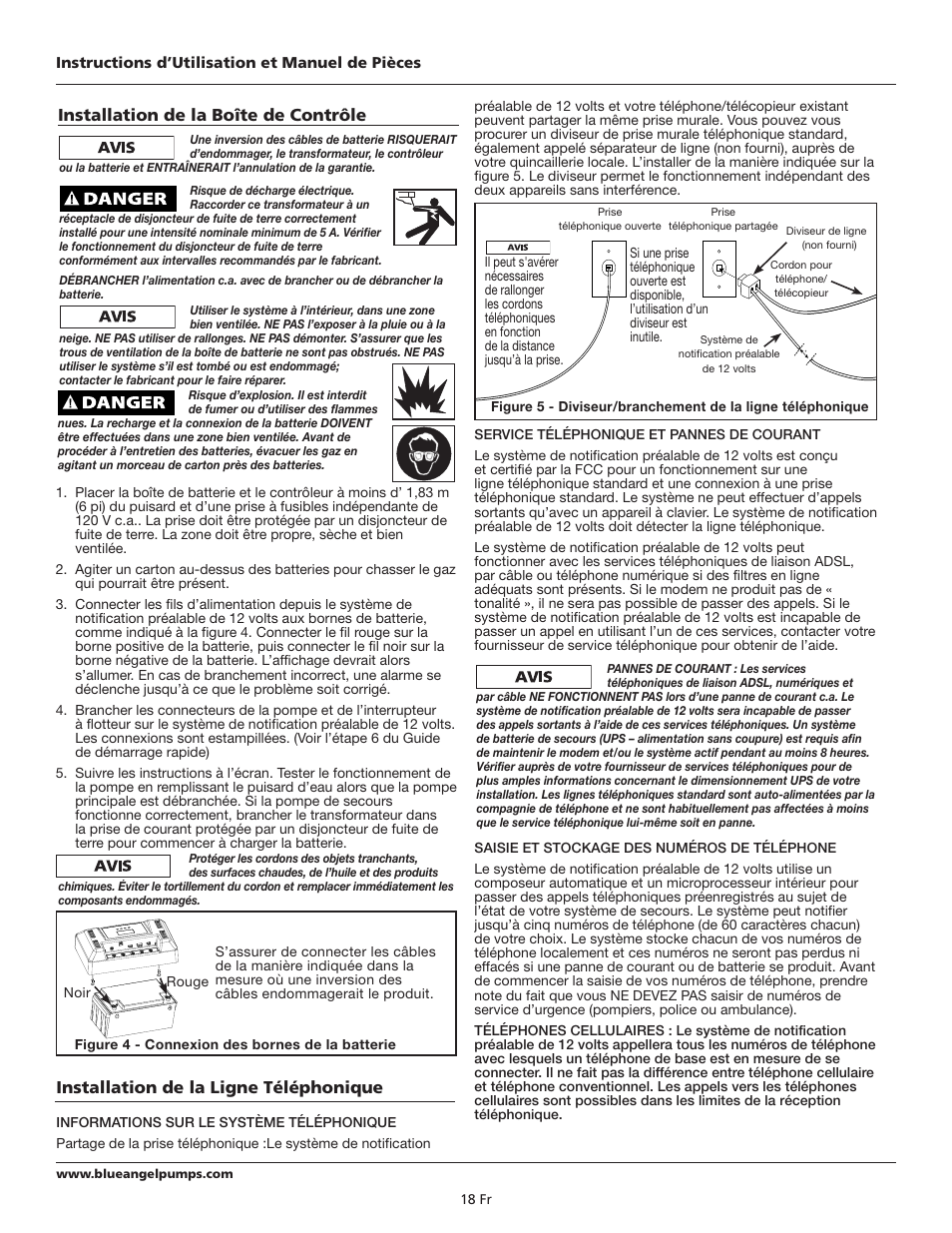 Installation de la ligne téléphonique, Installation de la boîte de contrôle | Blue Angel Pumps BSM55 User Manual | Page 18 / 40