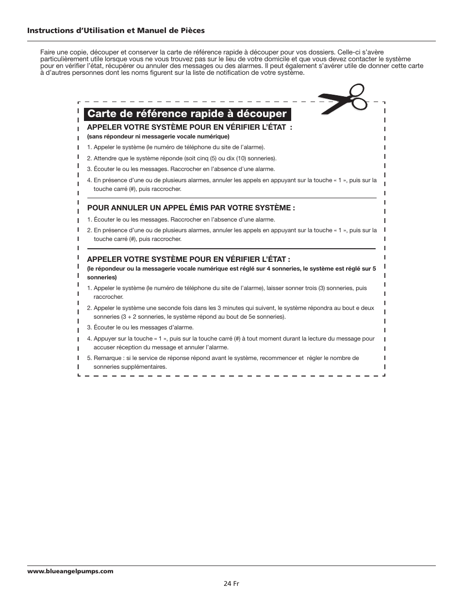 Carte de référence rapide à découper | Blue Angel Pumps BSM55 User Manual | Page 24 / 40