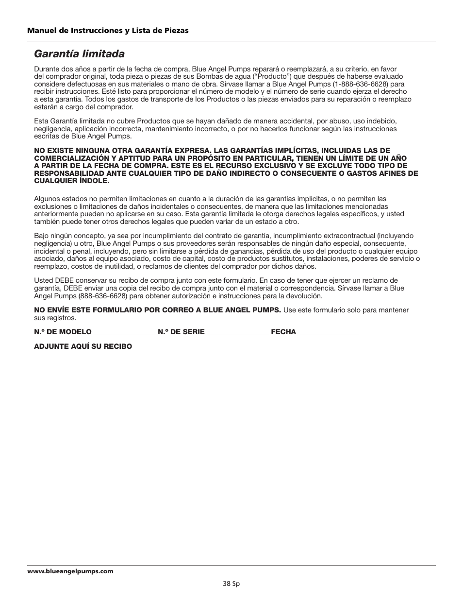 Garantía limitada | Blue Angel Pumps BSM55 User Manual | Page 38 / 40