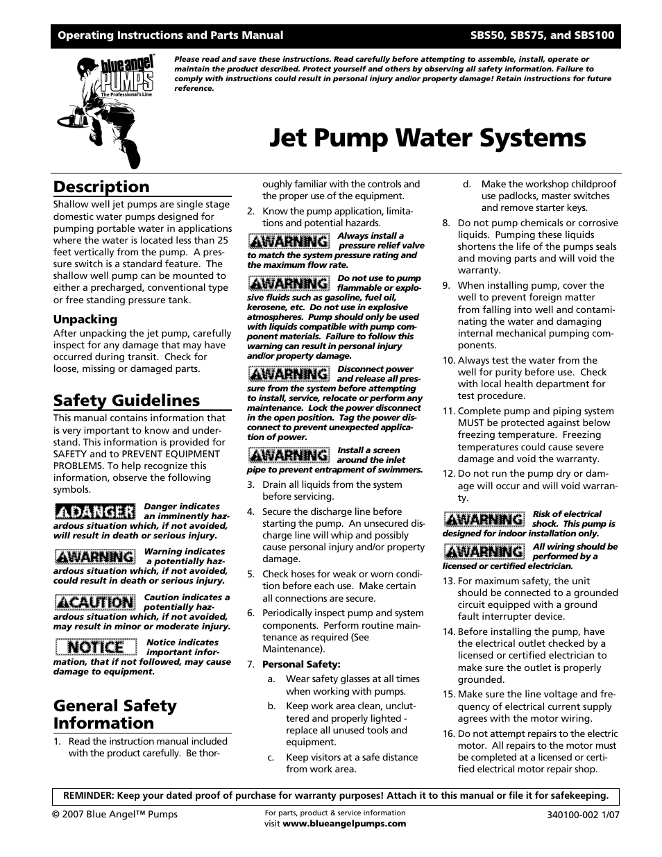 Blue Angel Pumps SBS100 User Manual | 32 pages