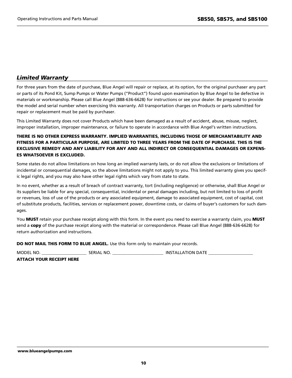 Limited warranty | Blue Angel Pumps SBS100 User Manual | Page 10 / 32