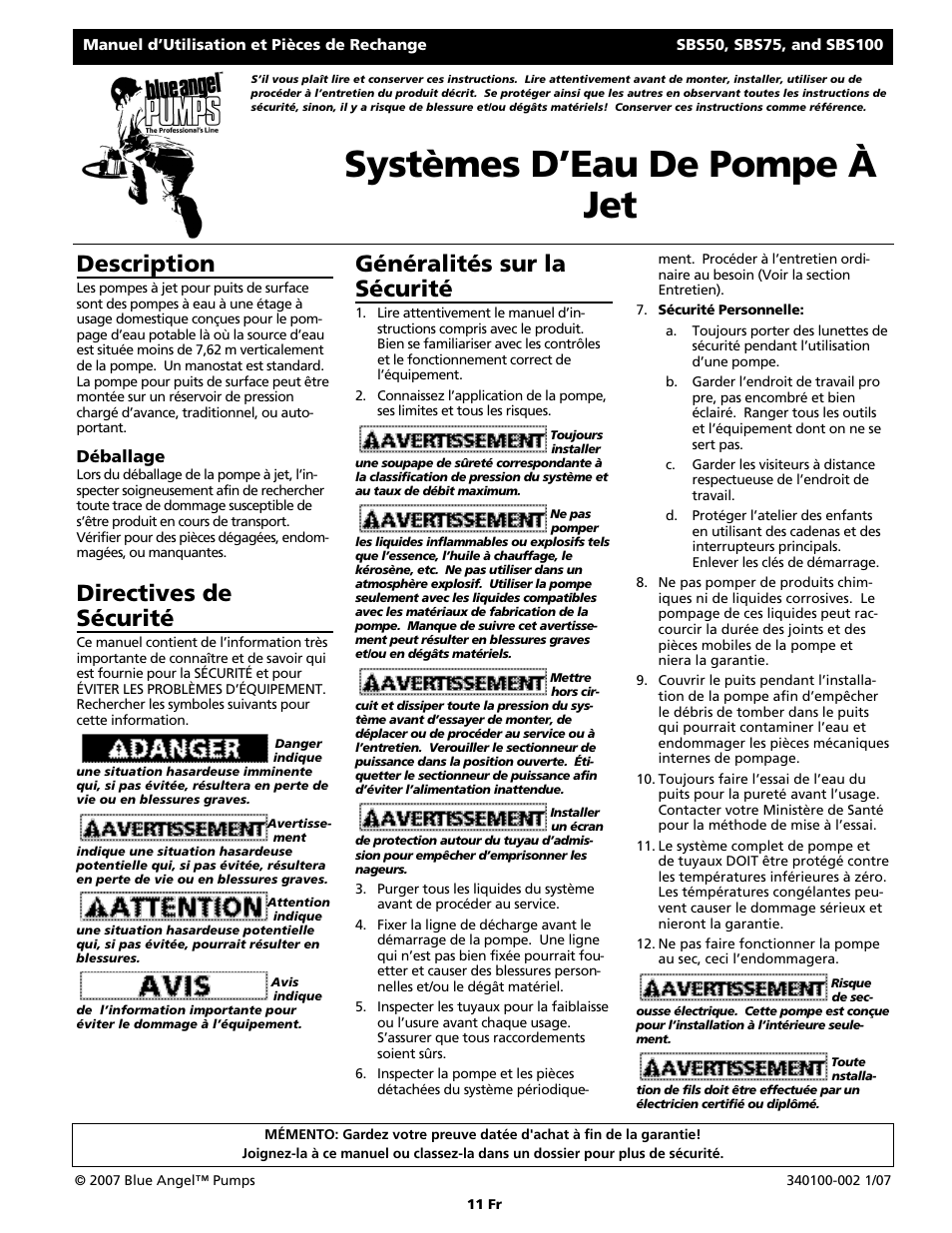 Systèmes d’eau de pompe à jet, Description, Directives de sécurité | Généralités sur la sécurité | Blue Angel Pumps SBS100 User Manual | Page 11 / 32