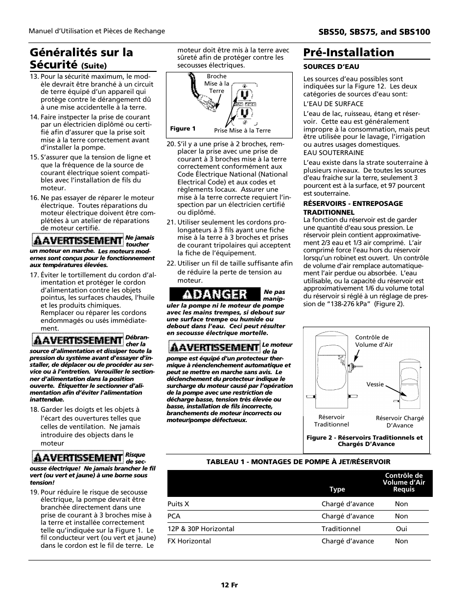Généralités sur la sécurité, Pré-installation | Blue Angel Pumps SBS100 User Manual | Page 12 / 32