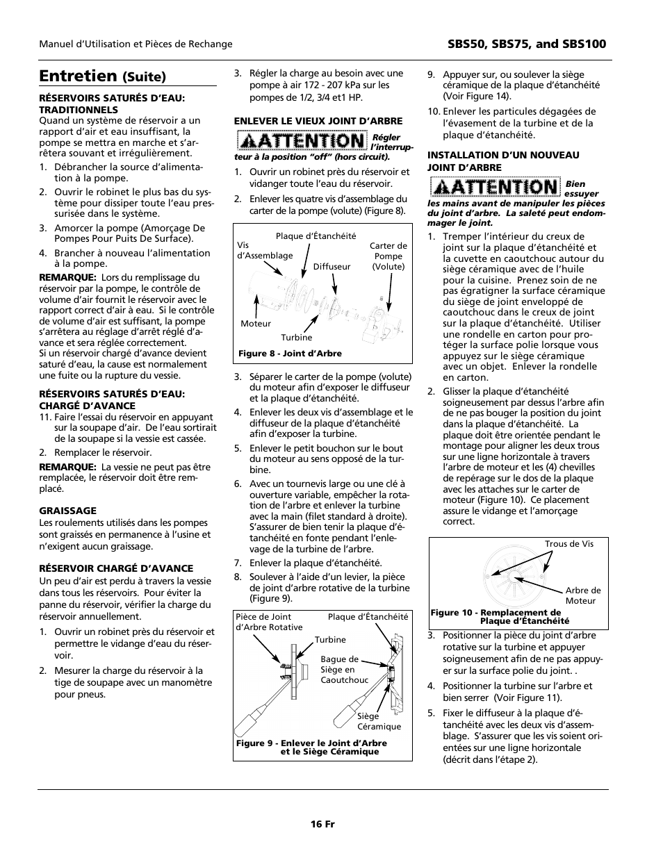 Entretien, Suite) | Blue Angel Pumps SBS100 User Manual | Page 16 / 32