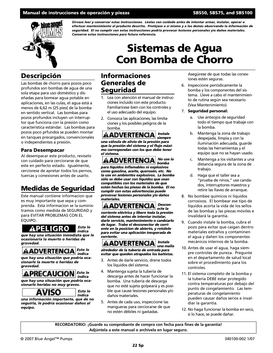 Sistemas de agua con bomba de chorro, Descripción, Medidas de seguridad | Informaciones generales de seguridad | Blue Angel Pumps SBS100 User Manual | Page 22 / 32