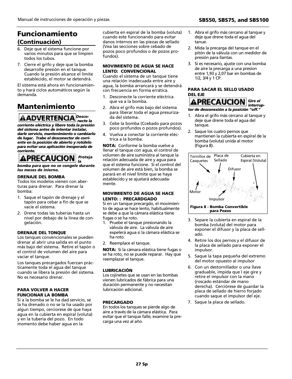 Funcionamiento, Mantenimiento, Continuación) | Blue Angel Pumps SBS100 User Manual | Page 27 / 32