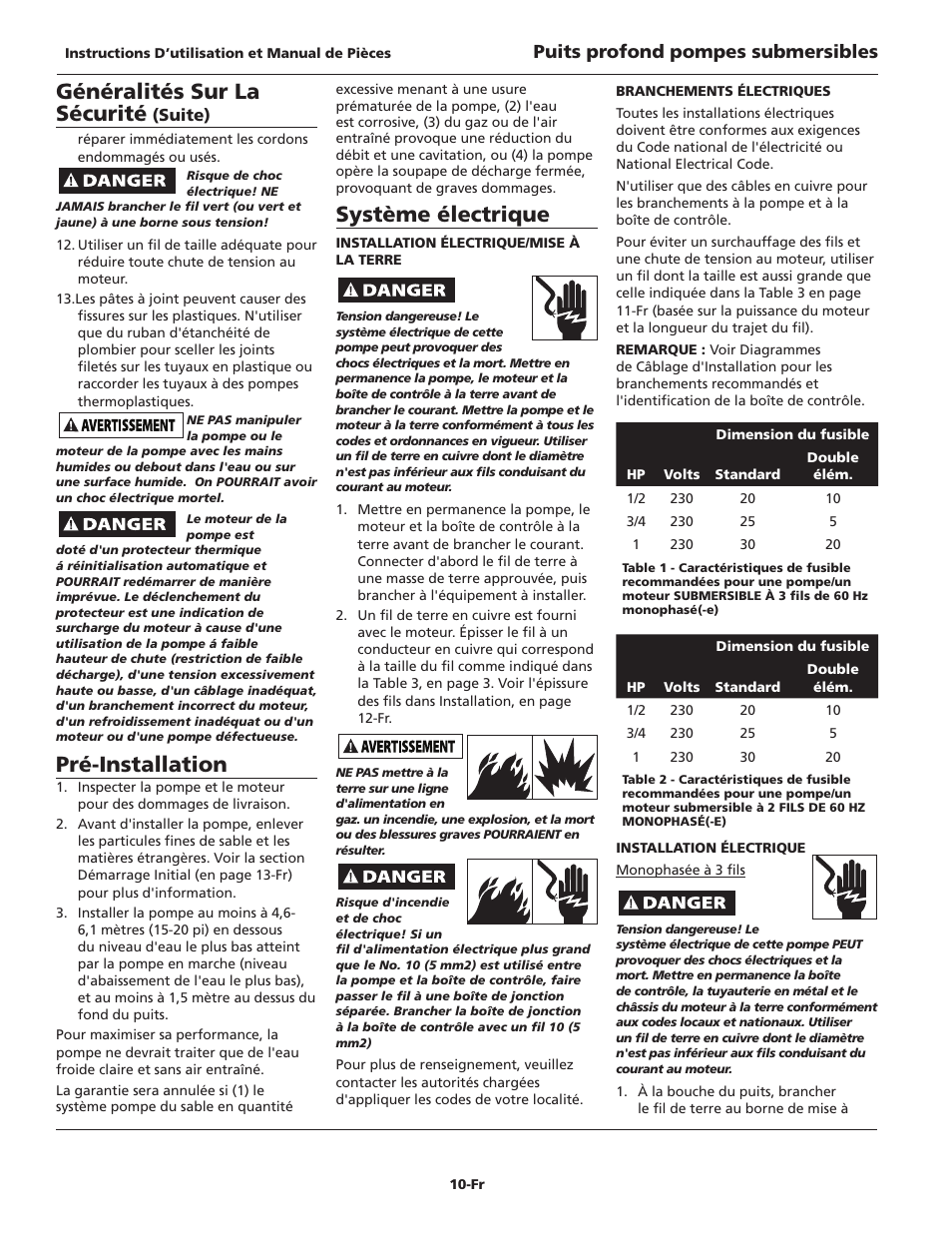 Généralités sur la sécurité, Pré-installation, Système électrique | Puits profond pompes submersibles | Blue Angel Pumps TB100S10-2 User Manual | Page 10 / 28