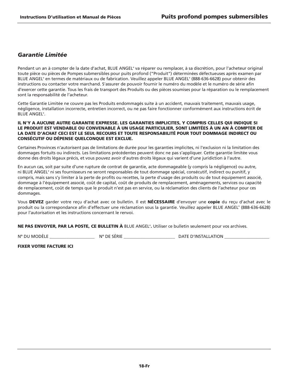 Garantie limitée, Puits profond pompes submersibles | Blue Angel Pumps TB100S10-2 User Manual | Page 18 / 28