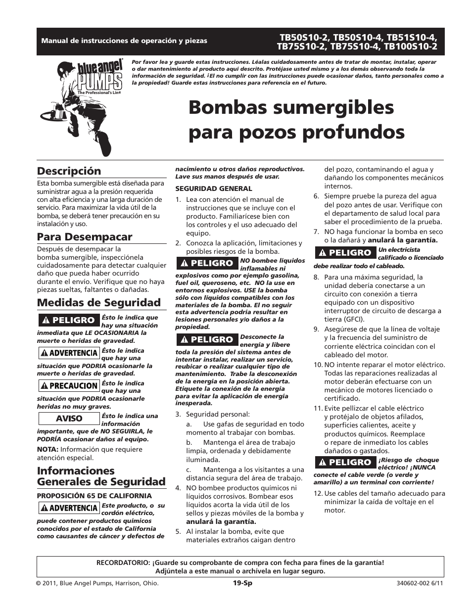 Bombas sumergibles para pozos profundos, Descripción, Para desempacar | Medidas de seguridad, Informaciones generales de seguridad | Blue Angel Pumps TB100S10-2 User Manual | Page 19 / 28