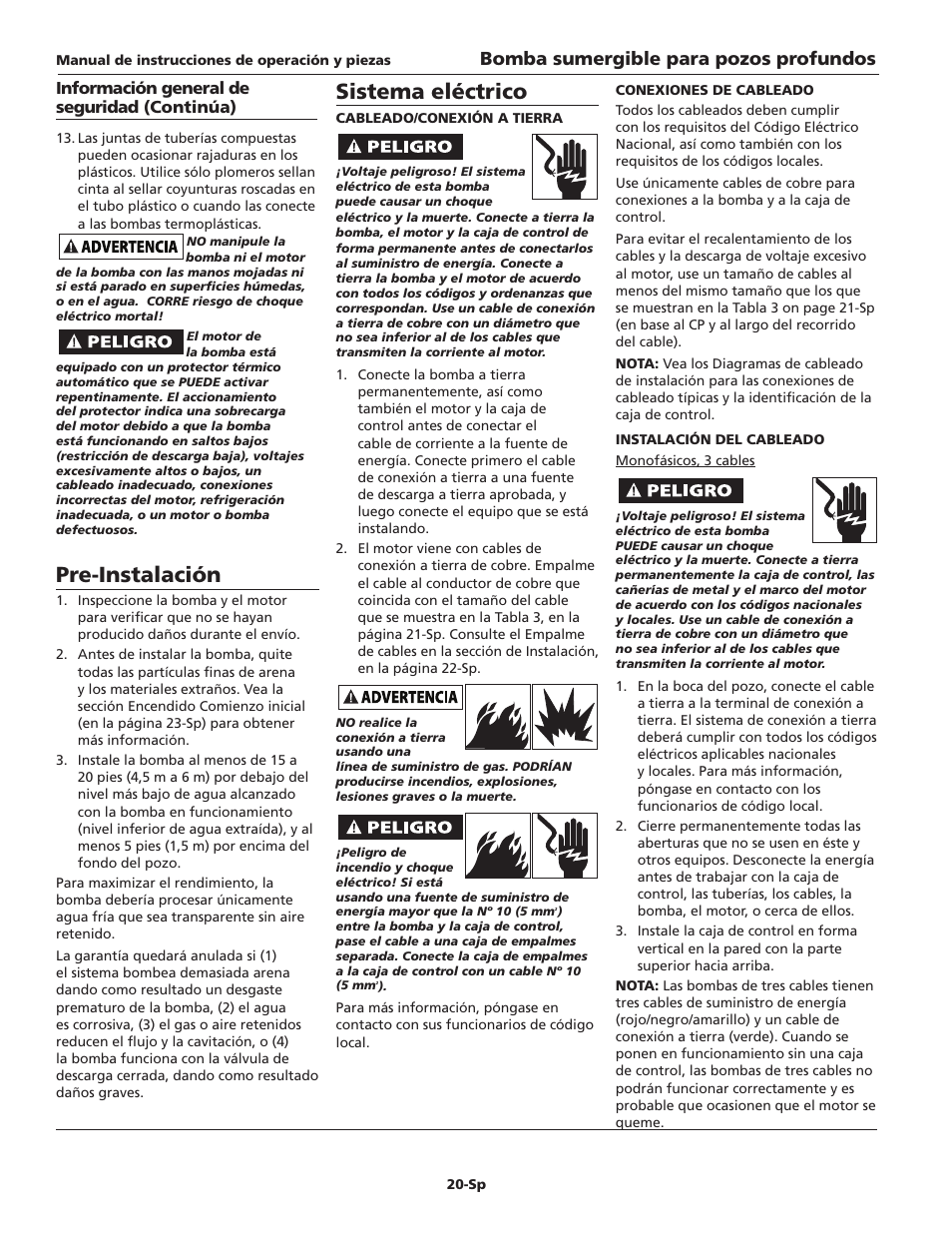 Sistema eléctrico, Pre-instalación, Bomba sumergible para pozos profundos | Blue Angel Pumps TB100S10-2 User Manual | Page 20 / 28