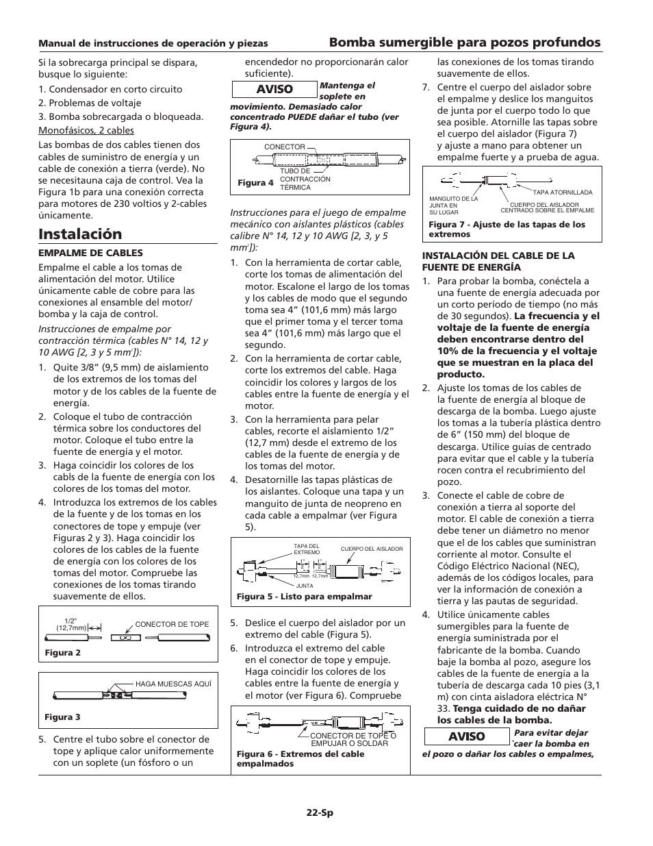 Instalación, Bomba sumergible para pozos profundos | Blue Angel Pumps TB100S10-2 User Manual | Page 22 / 28