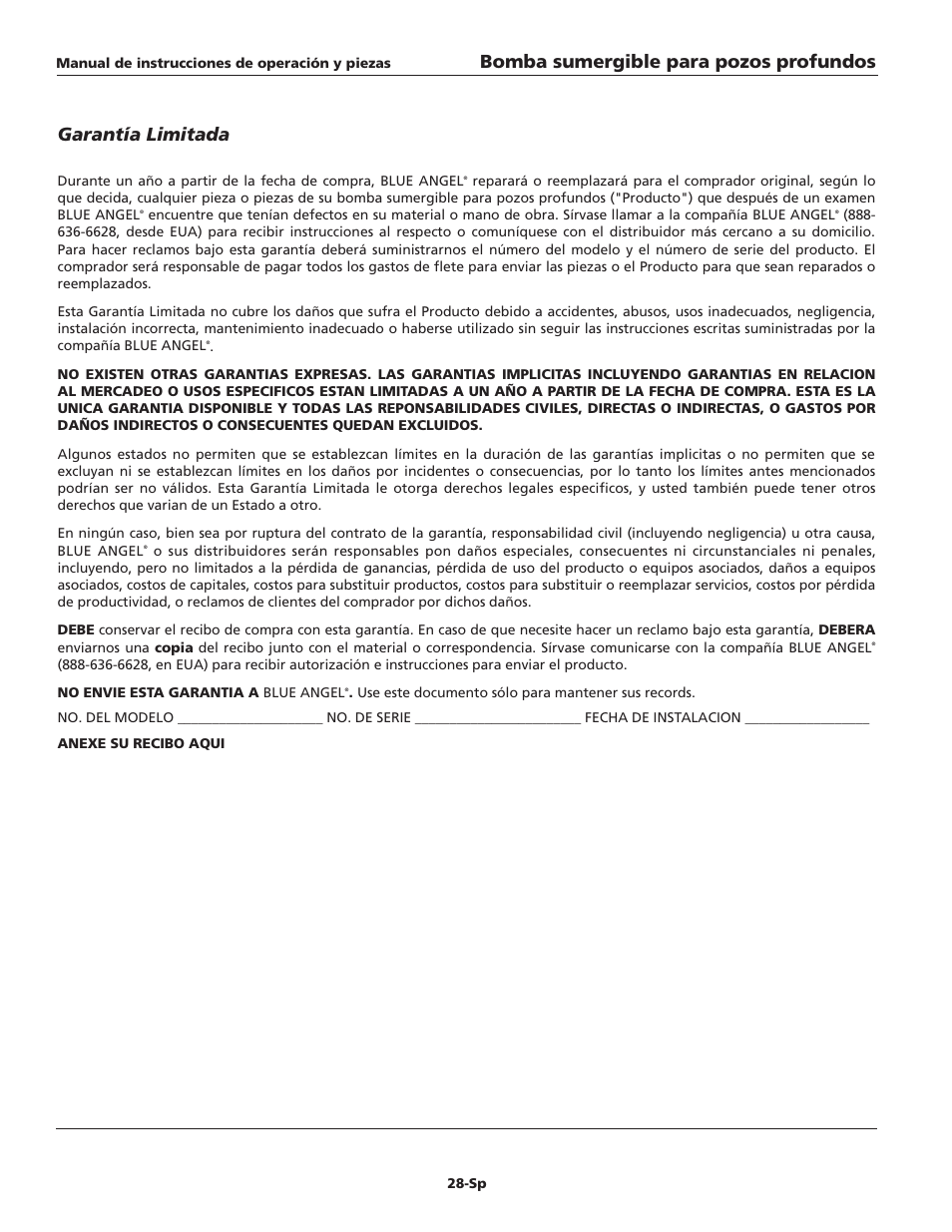 Garantía limitada, Bomba sumergible para pozos profundos | Blue Angel Pumps TB100S10-2 User Manual | Page 28 / 28
