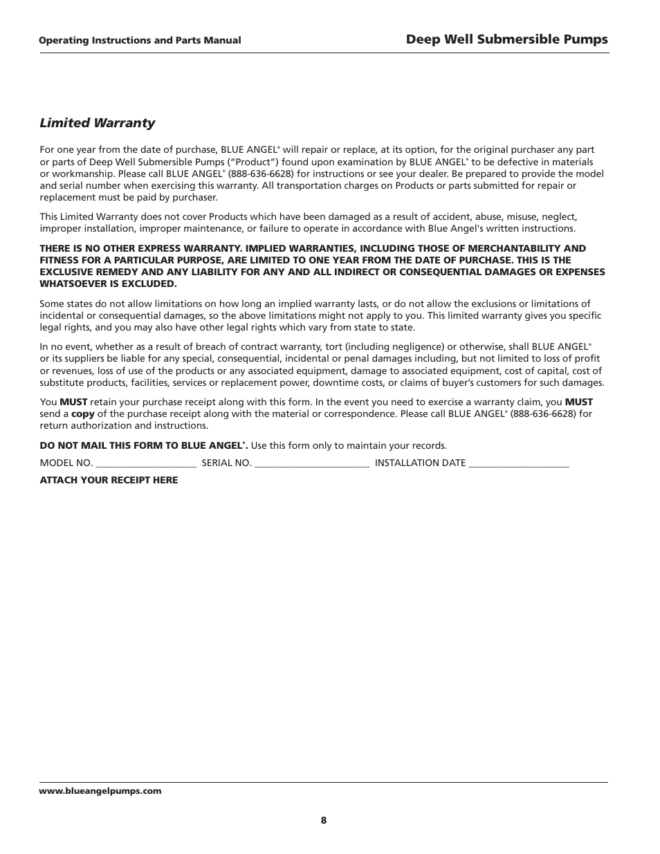 Limited warranty, Deep well submersible pumps | Blue Angel Pumps TB100S10-2 User Manual | Page 8 / 28