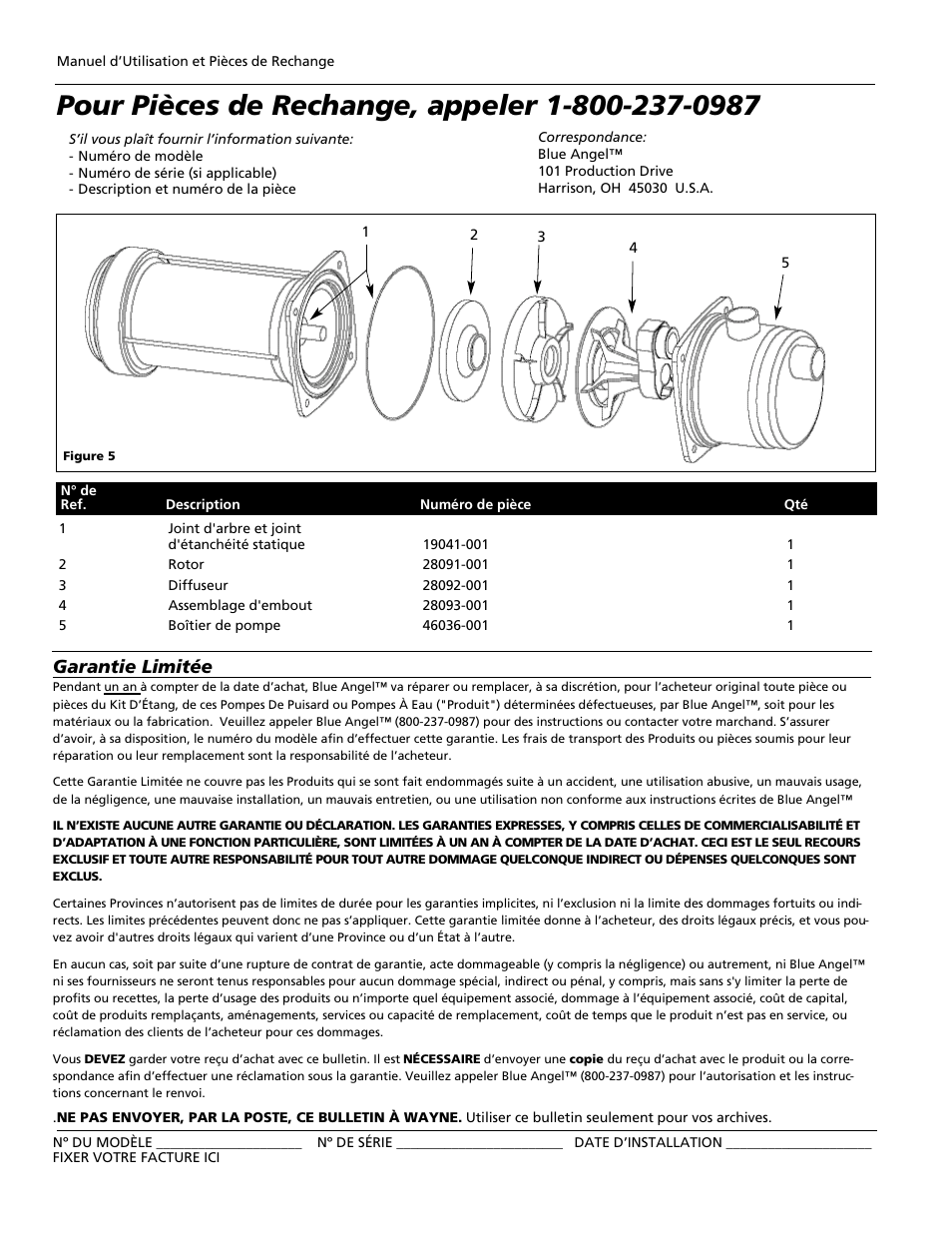 Garantie limitée | Blue Angel Pumps BPLS100 User Manual | Page 8 / 12