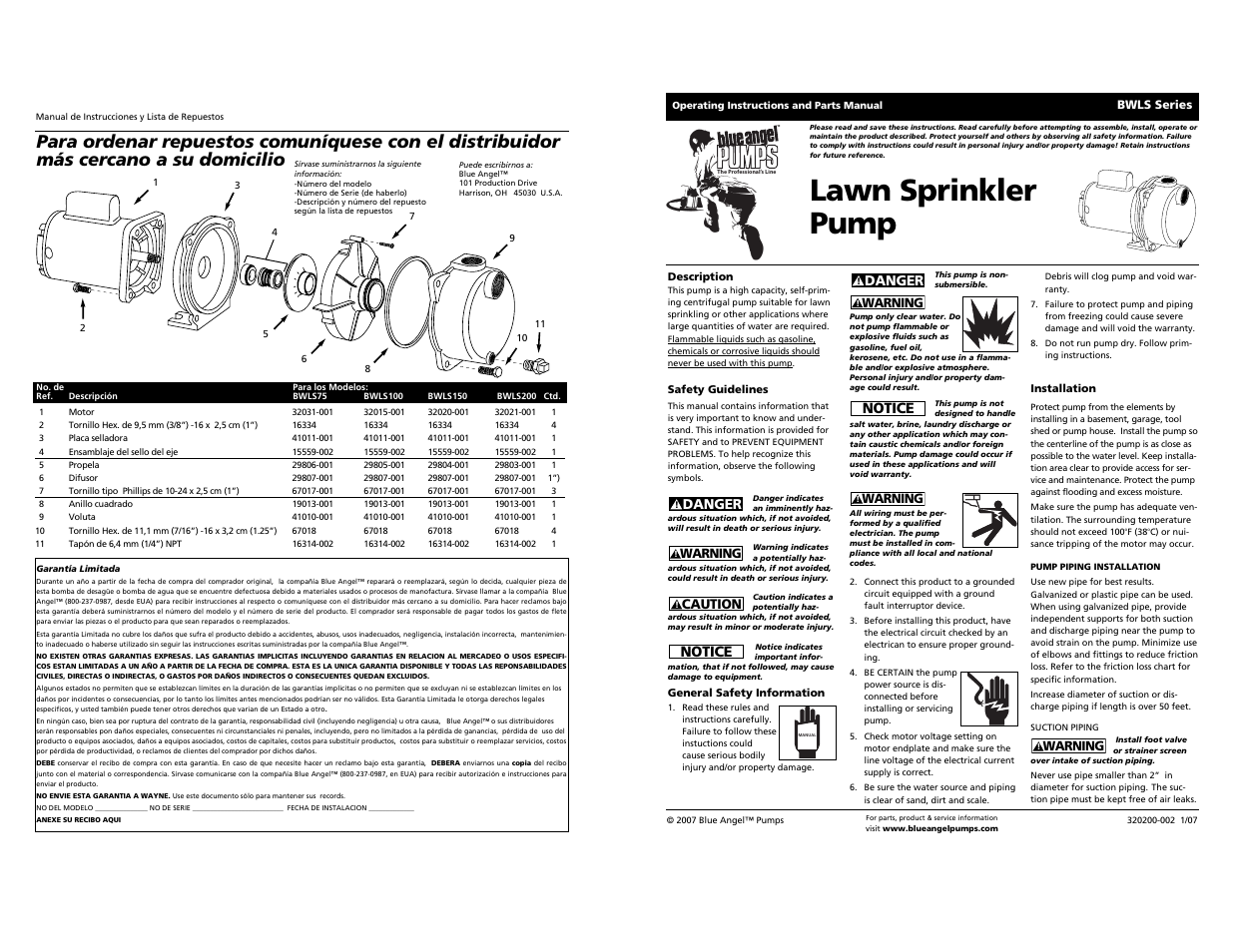 Blue Angel Pumps BWLS75 User Manual | 10 pages