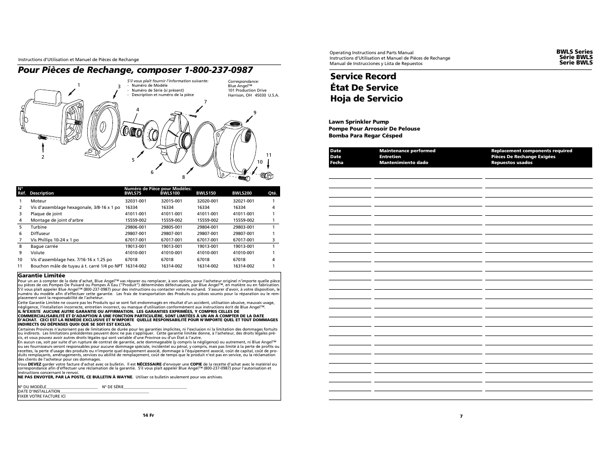 Service record état de service hoja de servicio | Blue Angel Pumps BWLS75 User Manual | Page 7 / 10