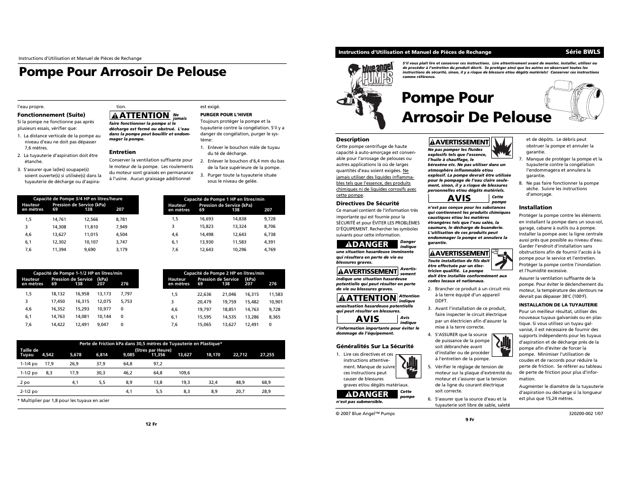 Pompe pour arrosoir de pelouse, Attention, Avis | Danger | Blue Angel Pumps BWLS75 User Manual | Page 9 / 10