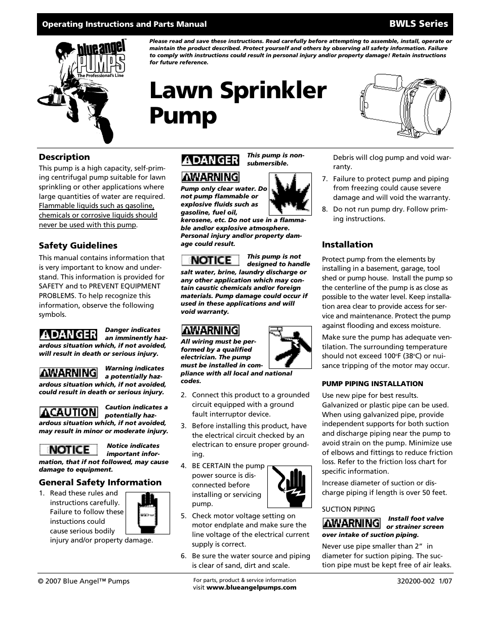 Blue Angel Pumps BWLS200 User Manual | 20 pages