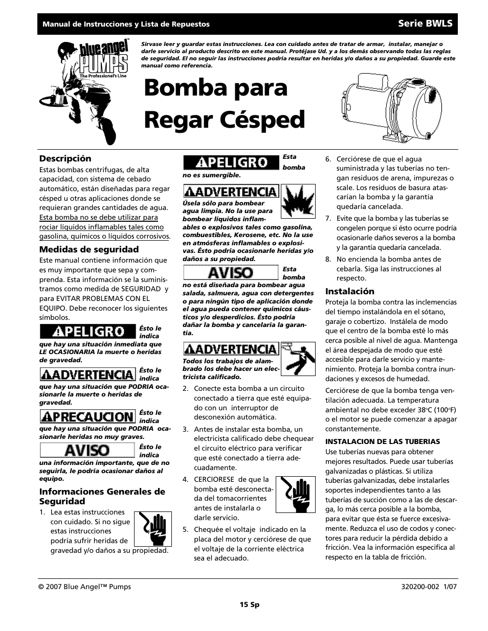 Bomba para regar césped, Serie bwls | Blue Angel Pumps BWLS200 User Manual | Page 15 / 20