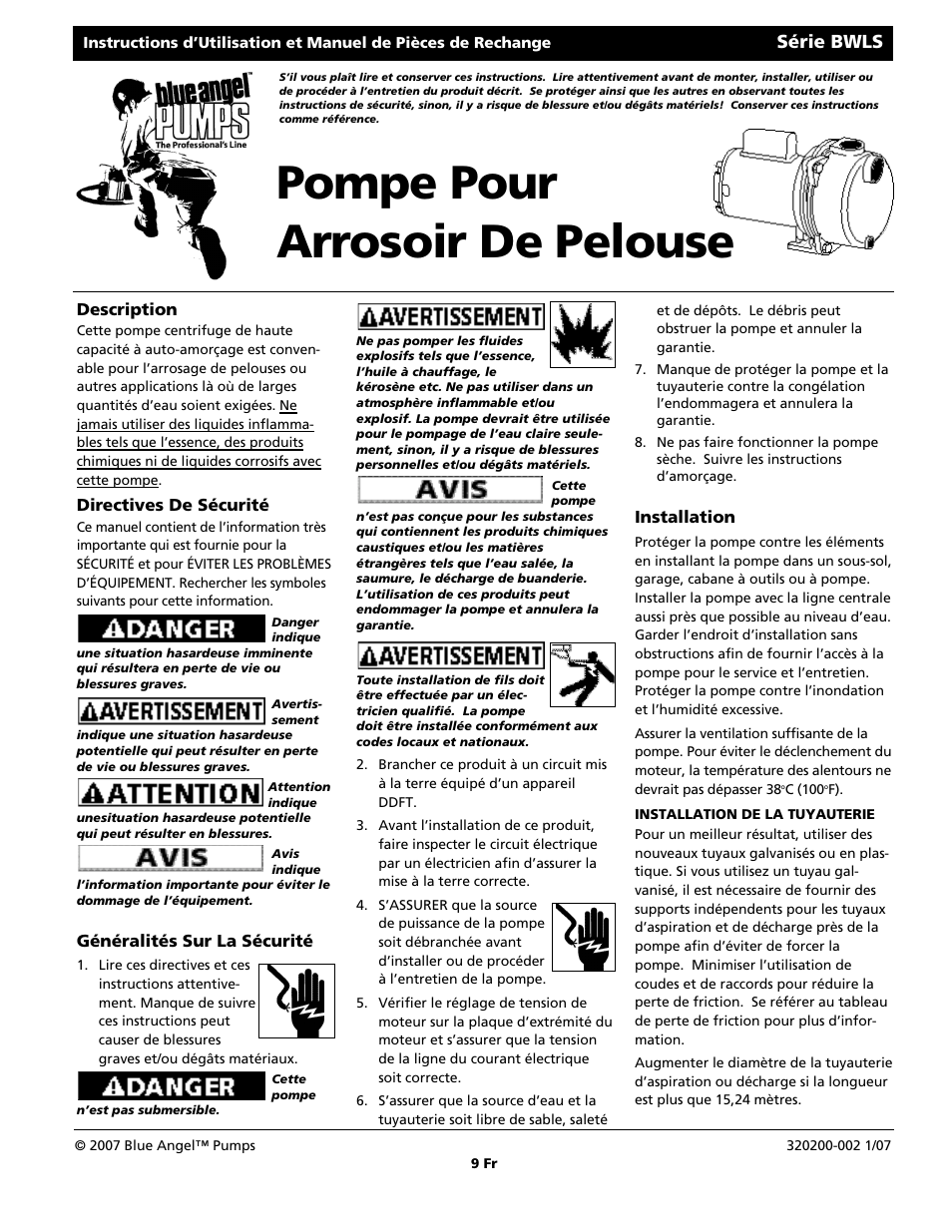 Pompe pour arrosoir de pelouse, Série bwls | Blue Angel Pumps BWLS200 User Manual | Page 9 / 20